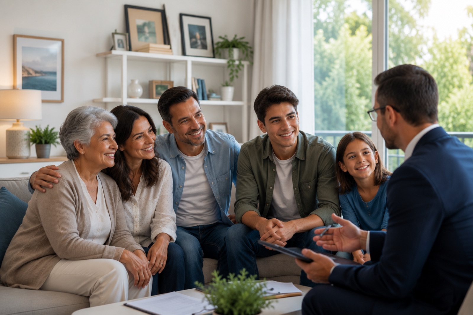 Familia latinoamericana reunida con su asesor en casa